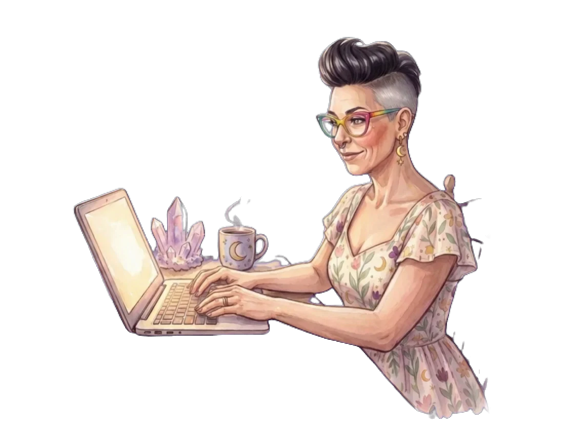 Willow at her writing desk with her laptop, crystals and a cup of tea